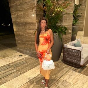 Bold Orange and Red Tropical Print Maxi Dress